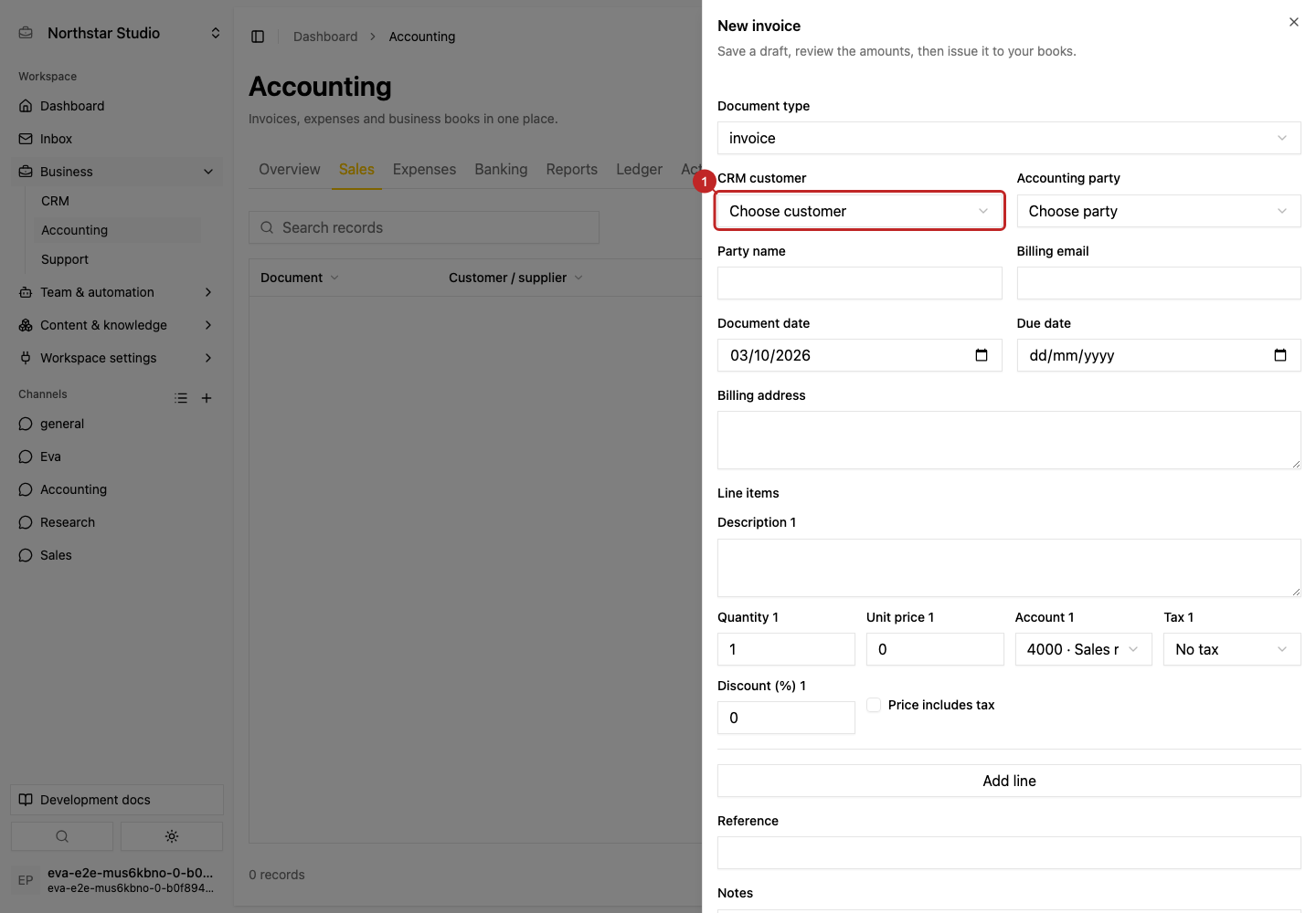 Action: Select the customer and dates