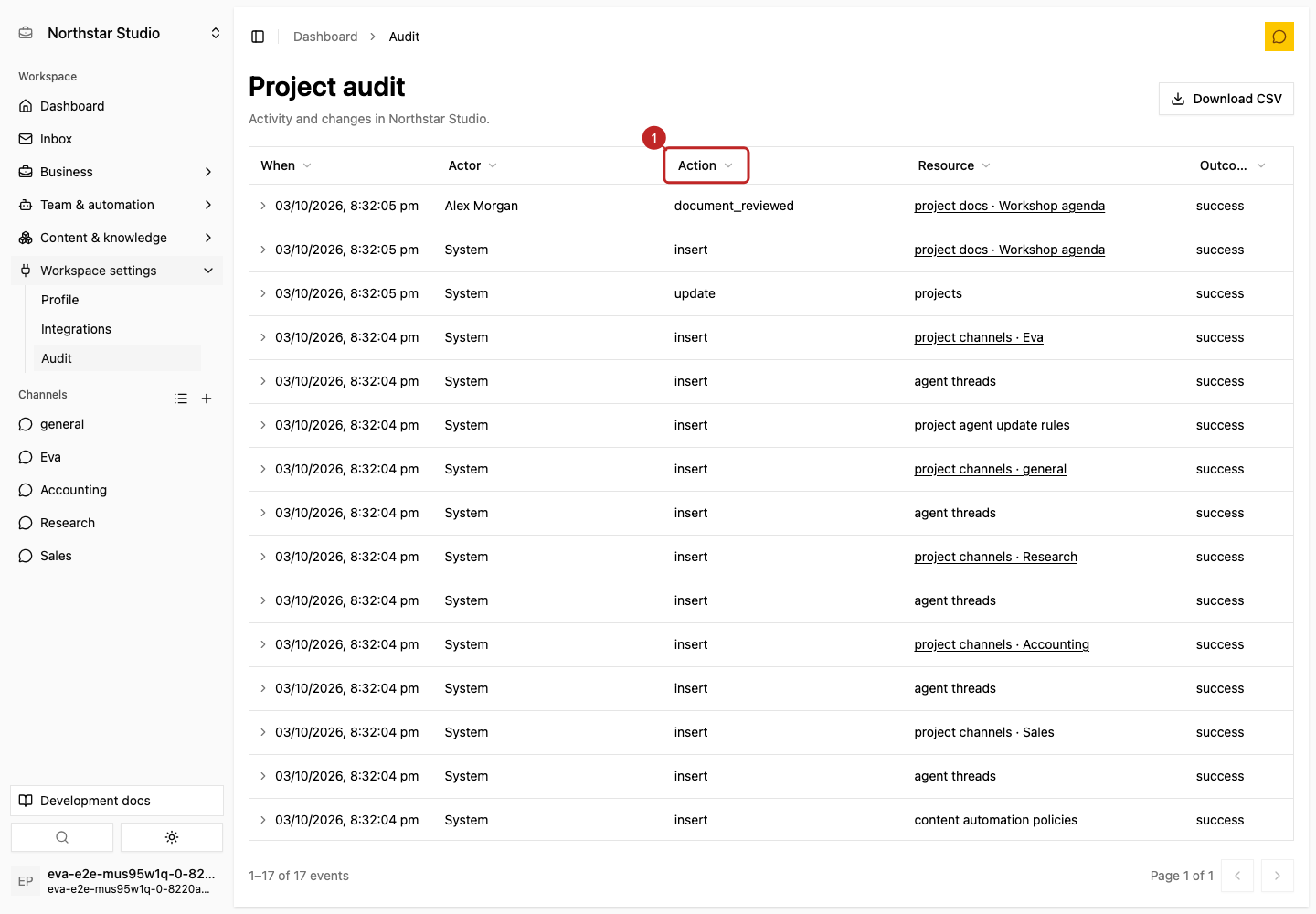 Action: Sort and page the history